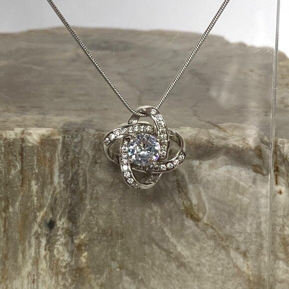 Sterling Silver 925 18K White Gold Love Knot CZ Pendant Necklace 22" Chain - Picture 4 of 16